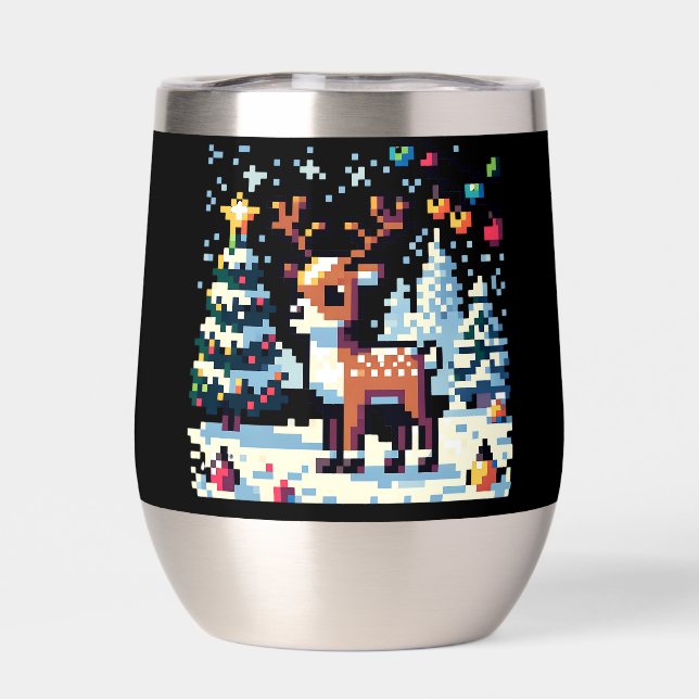 Christmas Reindeer Winter Wonderland Pixel Art Thermal Wine Tumbler (Back)