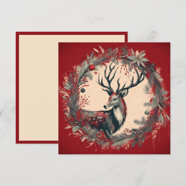 Christmas Reindeer with Holiday Wreath Card (Front/Back)