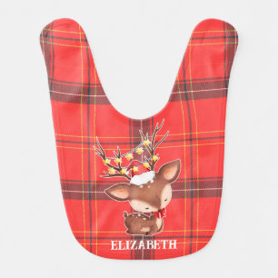 Christmas Reindeer With Plaid Background Baby Bib