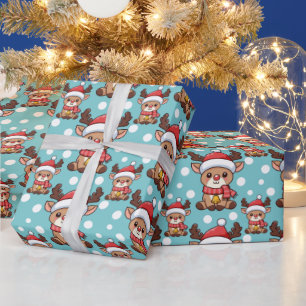 Christmas Reindeer With Santa Hat Wrapping Paper
