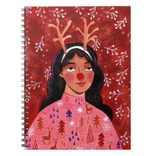 Christmas reindeer woman portrait notebook