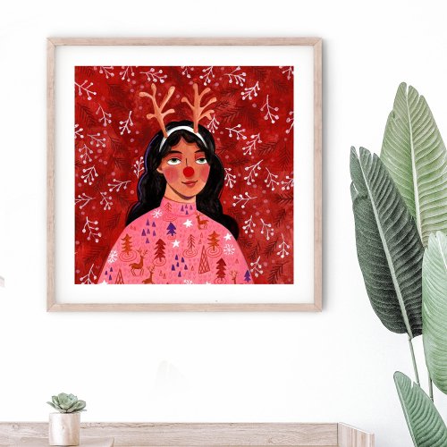 Christmas reindeer woman portrait poster