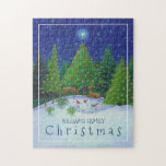 Christmas Reindeer Woodland Animals Family Name Jigsaw Puzzle<br><div class="desc">This one of a kind holiday puzzle with your monogrammed name is the perfect gift for families. This design features an artistically painted winter scene of reindeer and woodland animals in a snowy forest with lights decorating the trees. Below is your family name to personalize with the word "Christmas". Designed...</div>