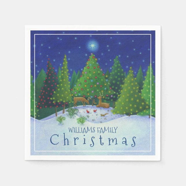 Christmas Reindeer Woodland Animals Family Name Napkins (Front)