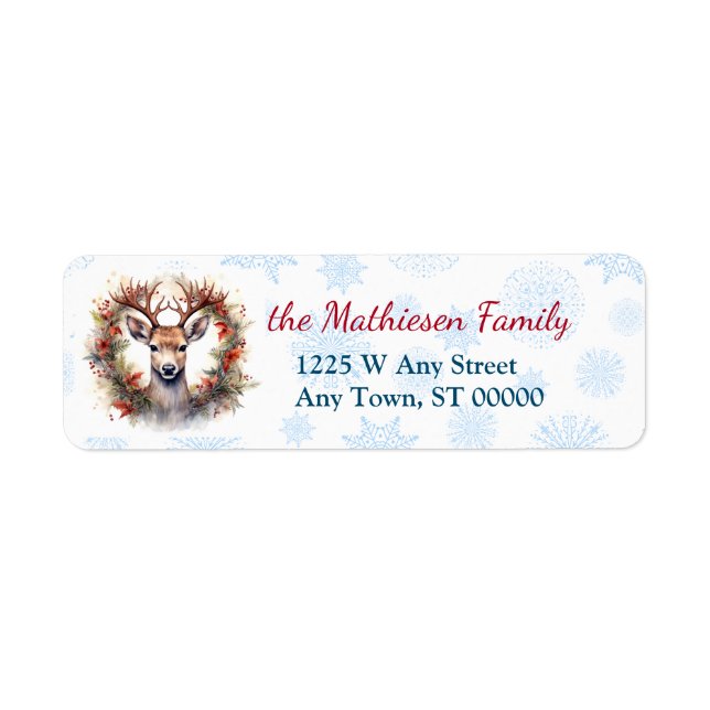 Christmas Reindeer Wreath Blue Snowflake Label (Front)