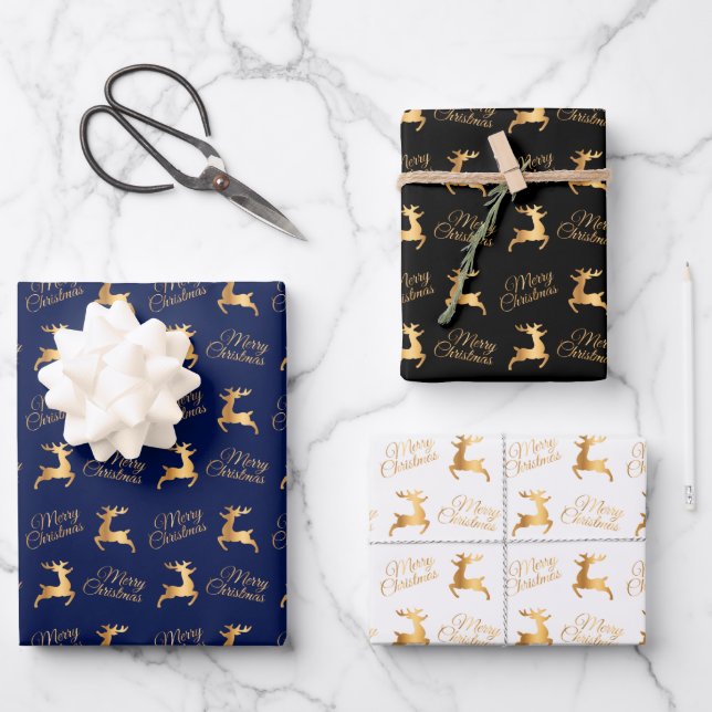 Christmas Reindeers on Navy Blue, Black and White Wrapping Paper Sheets (Front)