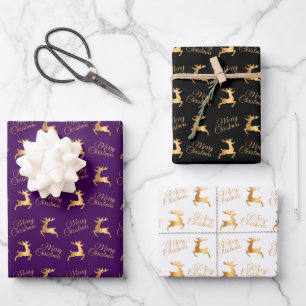 Christmas Reindeers on Purple, Black and White Wrapping Paper Sheets