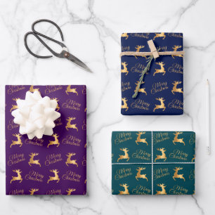 Christmas Reindeers on Purple, Navy and Teal Wrapping Paper Sheets