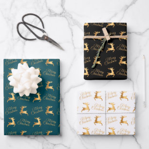 Christmas Reindeers on Teal, Black and White Wrapping Paper Sheets