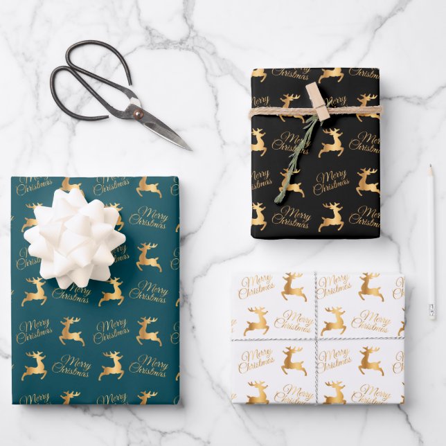 Christmas Reindeers on Teal, Black and White Wrapping Paper Sheets (Front)