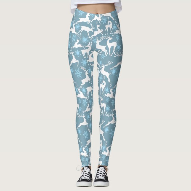 Christmas Reindeers Pattern, white 02 Grey BG Leggings (Front)