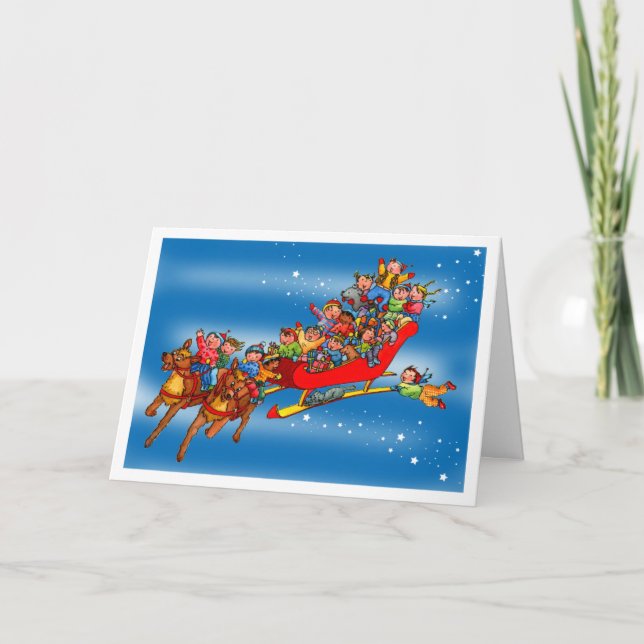 Christmas Reindeers Sleigh Kids Greeting Card (Front)