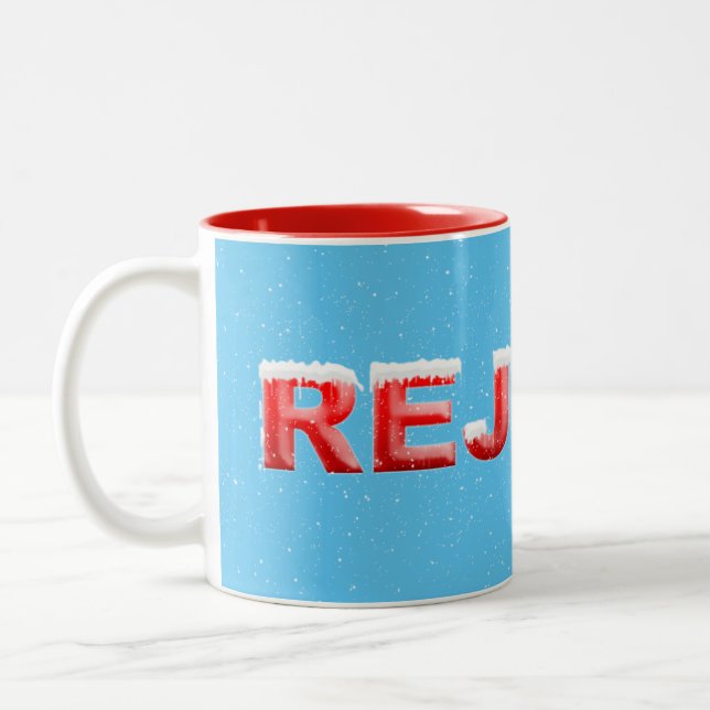 Christmas rejoice in red text and snowflake Two-Tone coffee mug (Left)