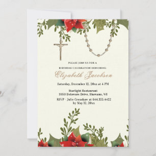 Christmas Religious Birthday Pointsettias Rosary  Invitation