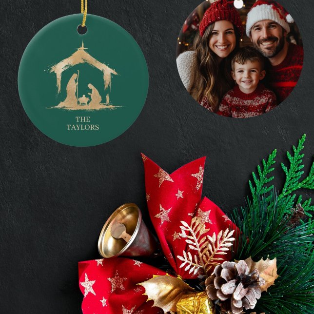 Christmas Religious Nativity Scene Family Photo Ceramic Ornament (CIRCLE CHRISTMAS ORNAMENT WITH GOLD NATIVITY SCENE ON THE GREEN BACKGROUND A FAMILY PHOTO)