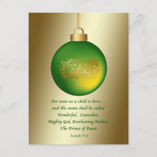 Christmas, Religious, Peace Ornament on Gold Holiday Postcard