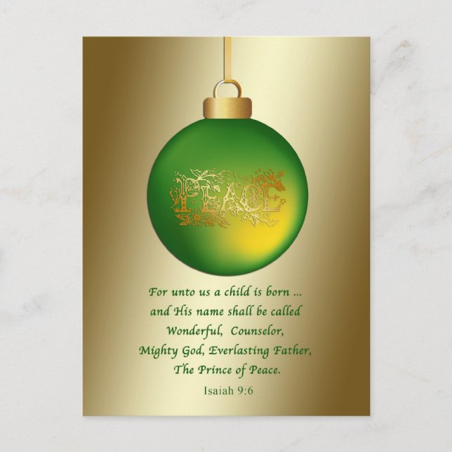 Christmas, Religious, Peace Ornament on Gold Holiday Postcard (Front)