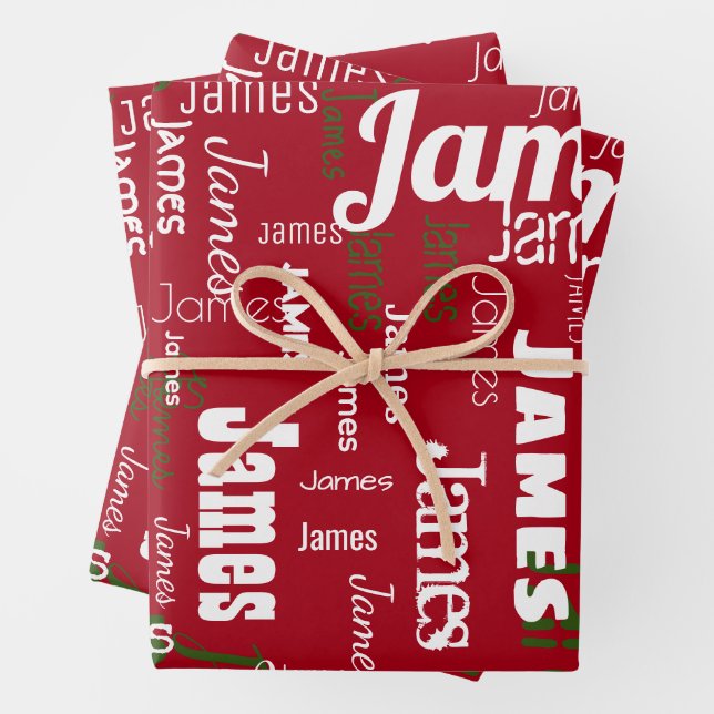 Christmas Repeating Name Red White Green Gift Wrapping Paper Sheets (In situ)