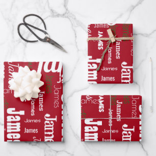 Christmas Repeating Name Red White Green Gift Wrapping Paper Sheets