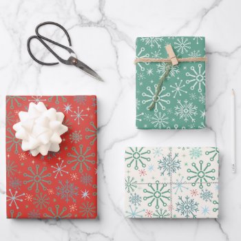Christmas Retro 50s Snowflakes Pattern 3 Colors Wrapping Paper Sheets by HaHaHolidays at Zazzle