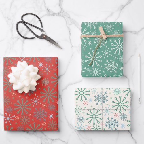 Christmas Retro 50s Snowflakes Pattern 3 Colors Wrapping Paper Sheets