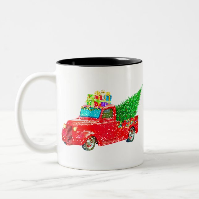 Christmas Retro Car Holiday Two-Tone Coffee Mug (Left)