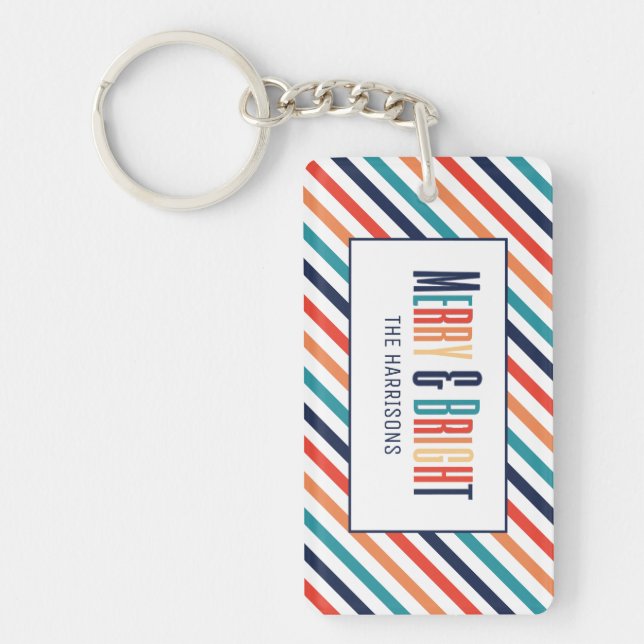 Christmas Retro Colorful Stripes Merry & Bright Keychain (Front)