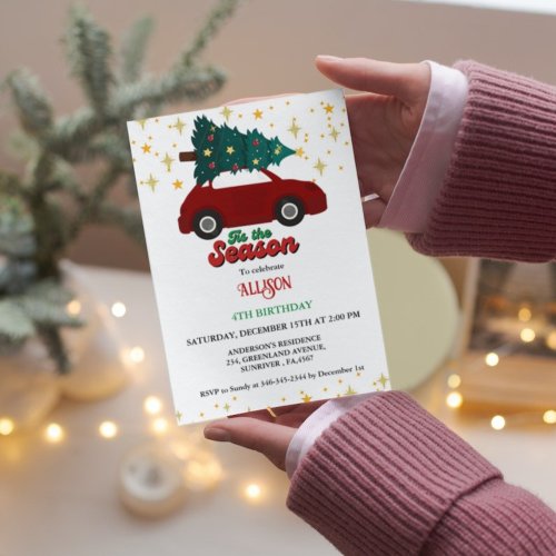 Christmas Retro Groovy red car birthday party Invitation