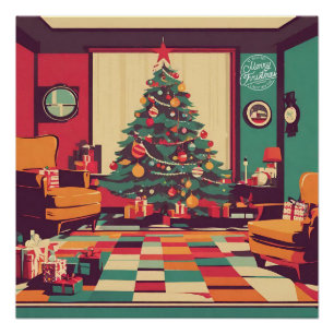 Christmas Retro Living Room with Christmas Tree Poster