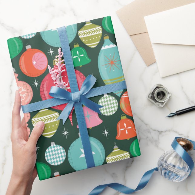 Christmas Retro Ornaments Green Wrapping Paper (Gifting)