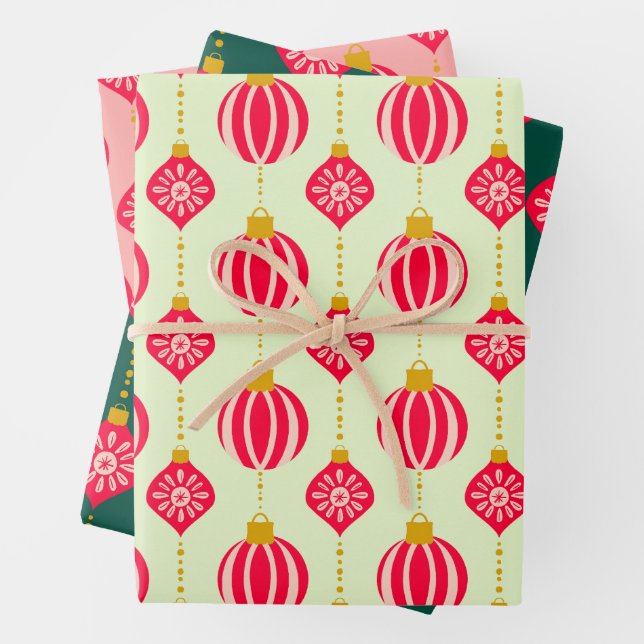 Christmas Retro Ornaments Pink Red and Green Wrapping Paper Sheets (In situ)