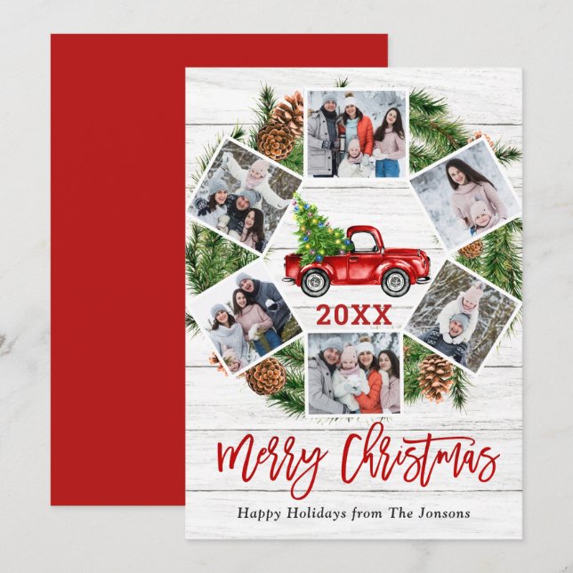 Christmas Retro Red Farm Truck Greeting 6 PHOTO Holiday Card (Front/Back)