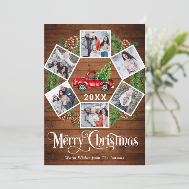 Christmas Retro Red Farm Truck Greeting 6 PHOTO  Holiday Card (Standing Front)
