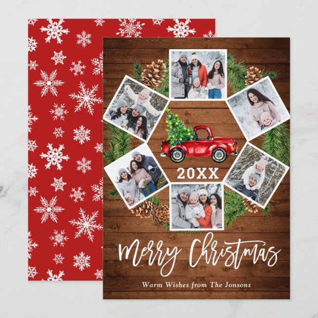 Christmas Retro Red Farm Truck Greeting 6 PHOTO Holiday Card (Front/Back)