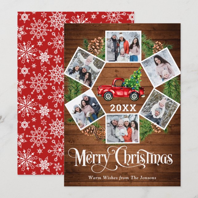 Christmas Retro Red Farm Truck Greeting 6 PHOTO Holiday Card (Front/Back)