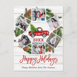 Christmas Retro Red Farm Truck Holiday 6 Photo Postcard