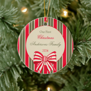 Christmas retro red green stripes with bow ceramic ornament