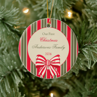 Christmas retro red green stripes with bow ceramic ornament