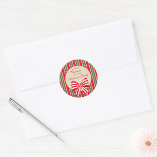 Christmas retro red green stripes with bow classic round sticker