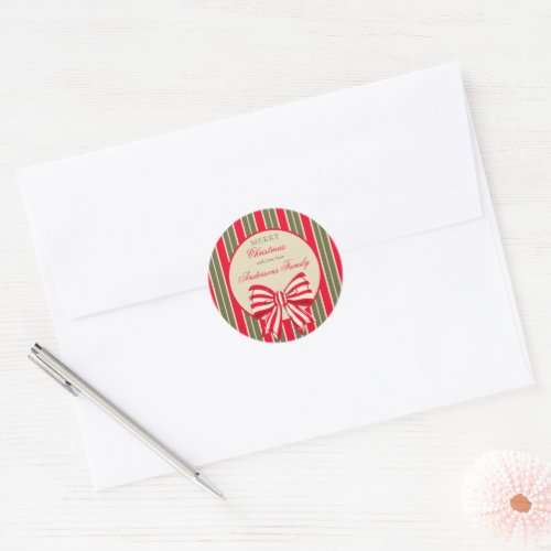 Christmas retro red green stripes with bow classic round sticker