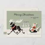 Christmas Retro Santa and moose sleigh CC1248  Postcard<br><div class="desc">Santa wants to try something new! This Christmas there's going to be a moose pulling his sleigh. The moose looks very pleased, but the three reindeer in the background seem confused. Fun retro style Christmas card. I love the clever line work, so simple and so expressive. Even the hooves seem...</div>