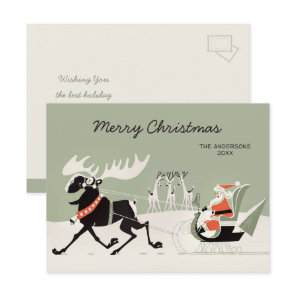 Christmas Retro Santa and moose sleigh CC1248  Postcard