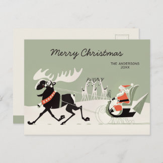Christmas Retro Santa and moose sleigh CC1248 Postcard