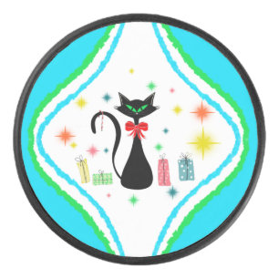 Christmas Retro Siamese Cat Hockey Puck