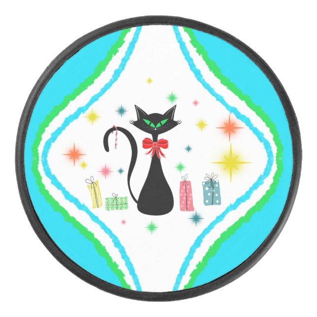 Christmas Retro Siamese Cat   Hockey Puck (Front)