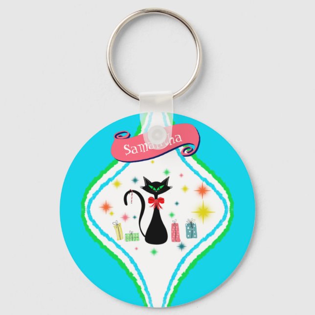 Christmas Retro Siamese Cat Personalize Name Keychain (Front)