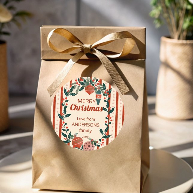 Christmas retro stripes grand millennial custom classic round sticker (Christmas retro nostalgia stripes grand millennial personalized Merry Christmas gift stickers)