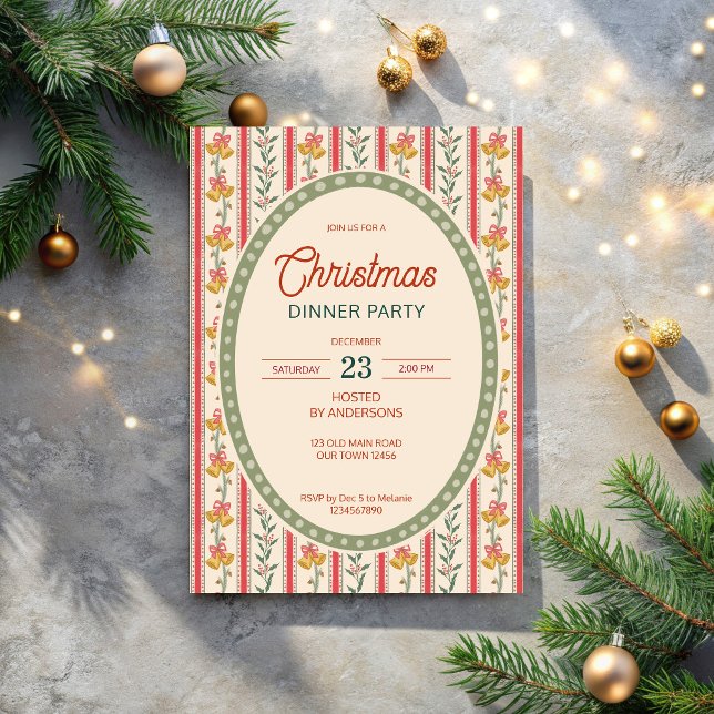 Christmas retro stripes grandmilenial dinner party invitation (Christmas vintage stripes with bells grand millennial dinner party invitation cards template)