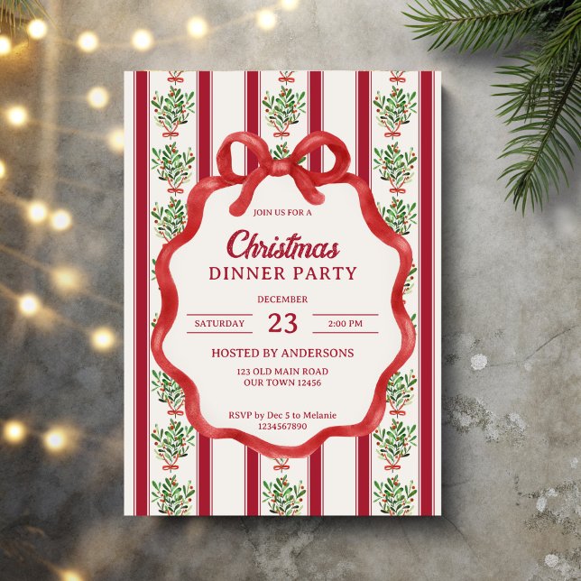 Christmas retro stripes grandmilenial dinner party invitation (Christmas dinner party invitation retro red stripes winter greenery grandmillenial bow wavy border)