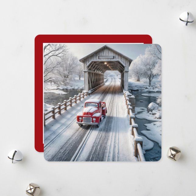 Christmas Retro Truck and Covered Bridge Holiday Card (Front/Back In Situ)